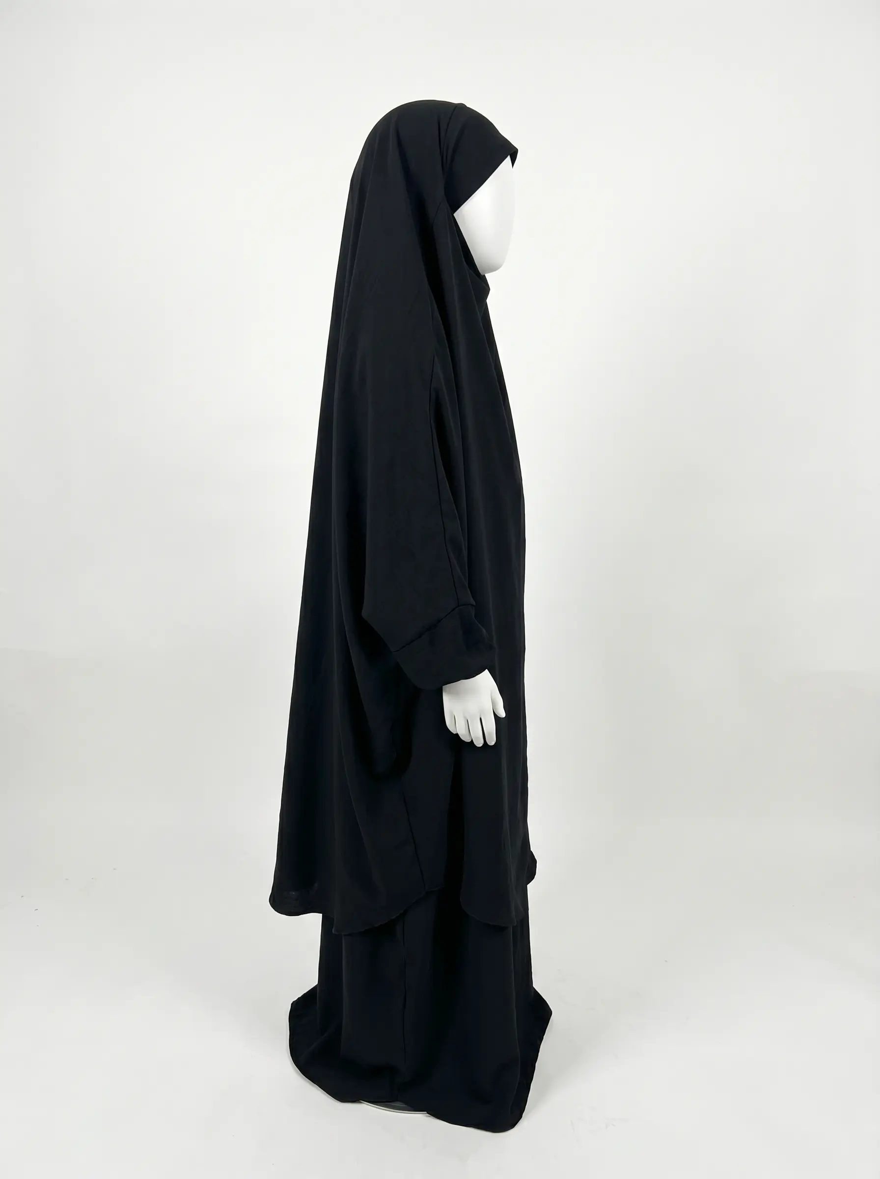 Jilbab Fillette 2 Pièces Noir, Cape à Hijab Intégré et Jupe Cloche, Tissu Jazz