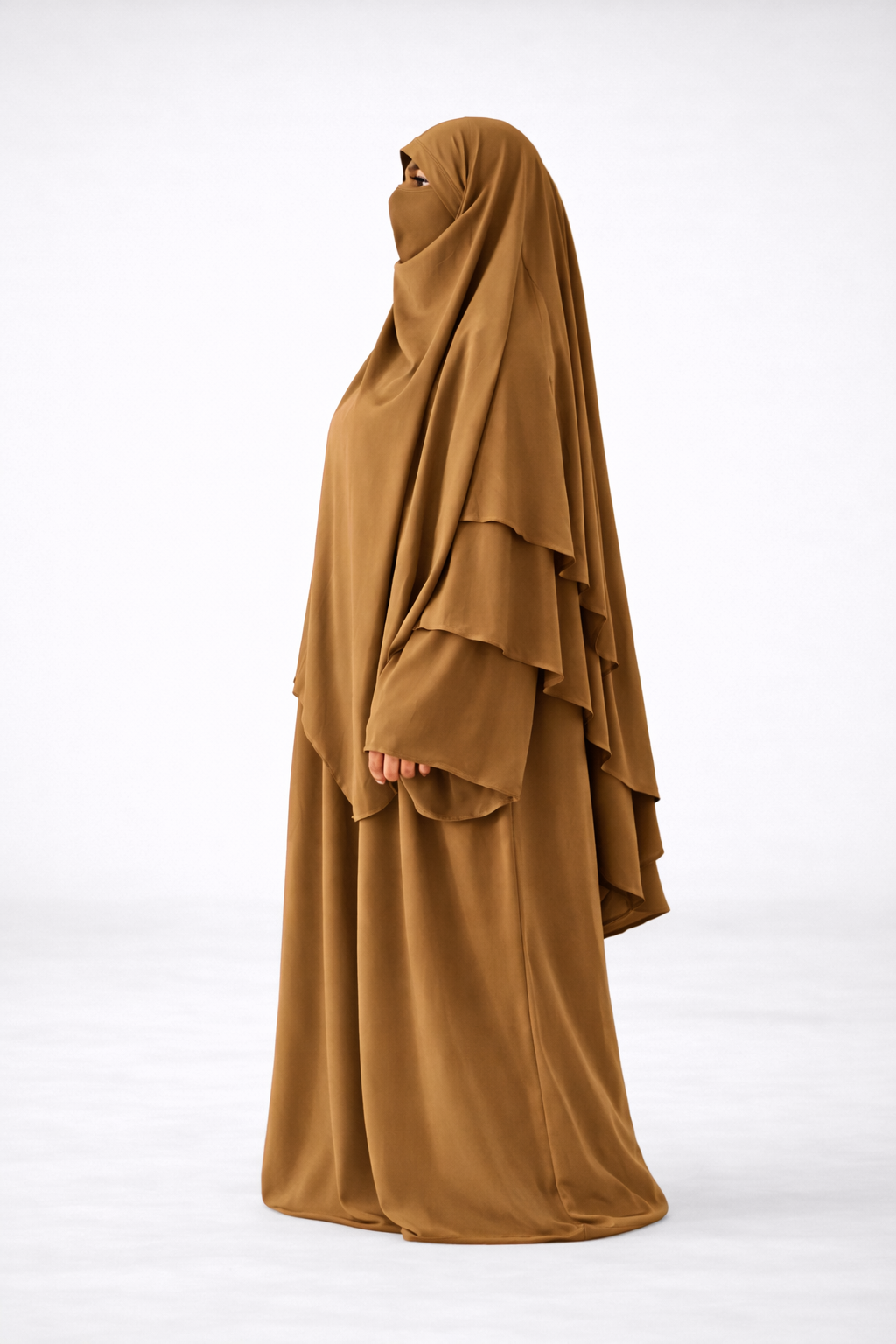 Ensemble Abaya et Khimar 2 voiles - Tissus jazz - Camel