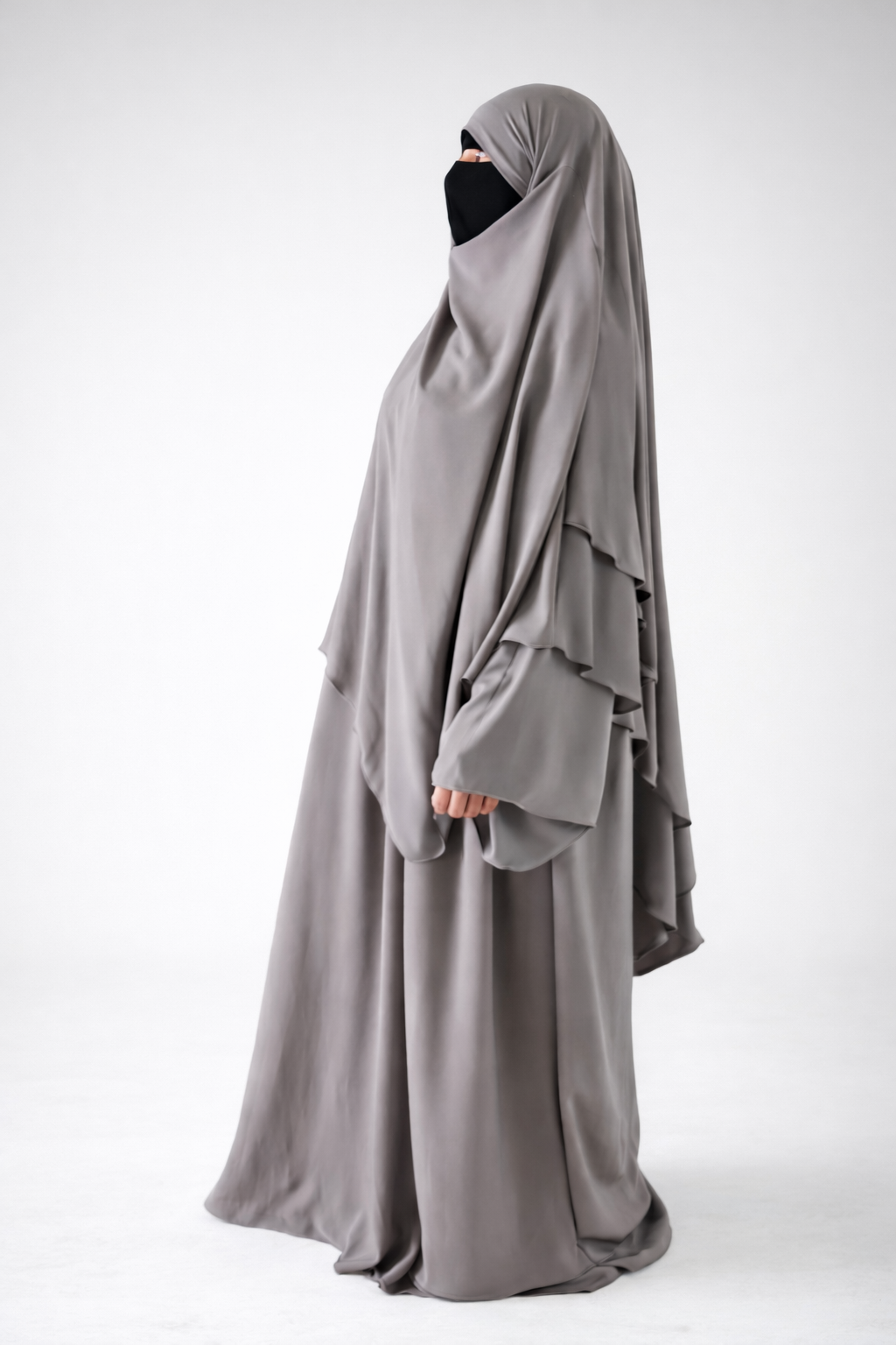 Ensemble Abaya et Khimar 2 voiles - Tissus jazz - Gris