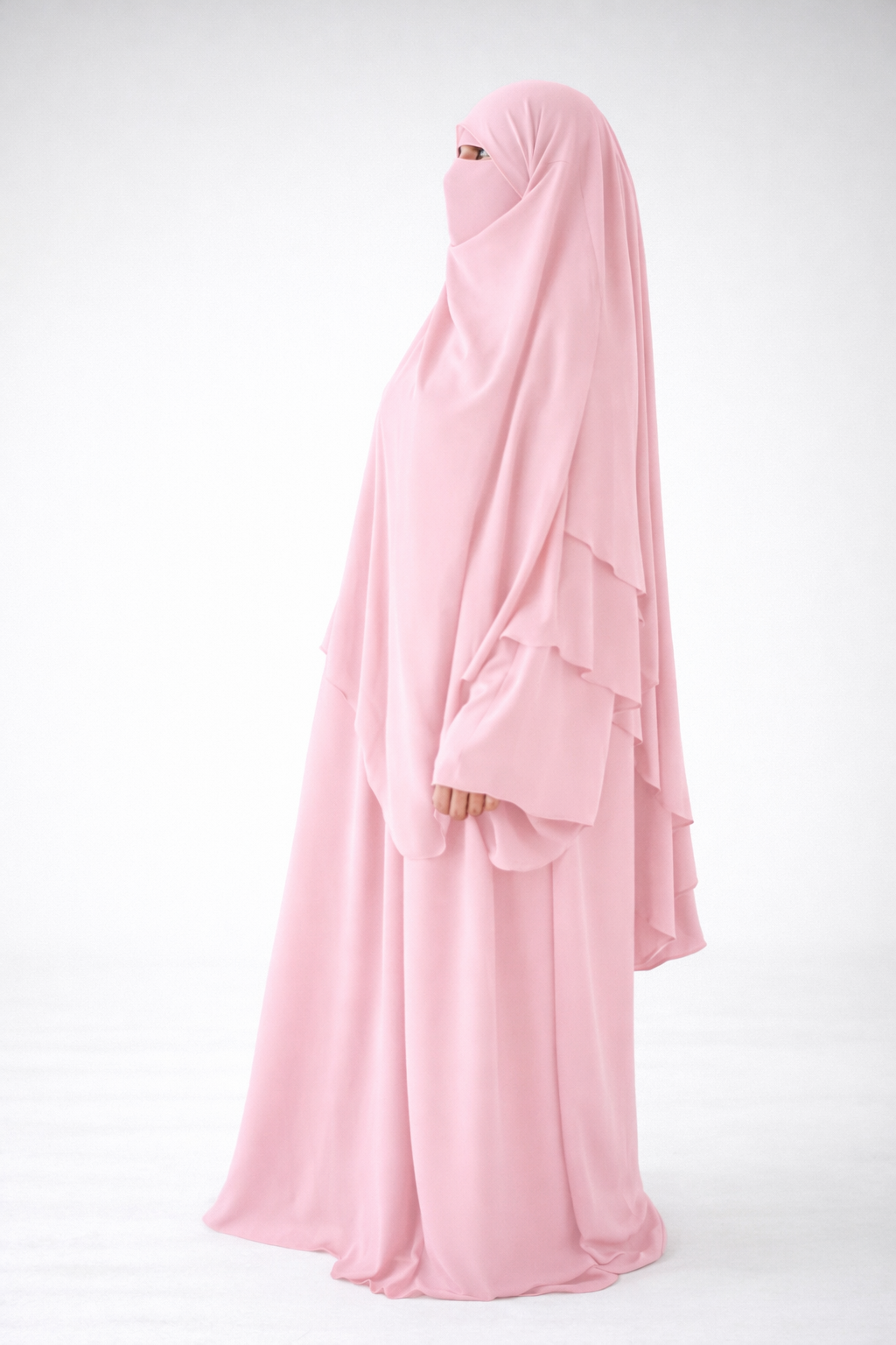 Ensemble Abaya et Khimar 2 voiles - Tissus jazz - Rose bébé