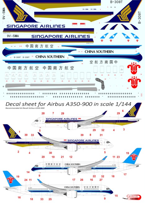 Singapore Airlines & China Southern Airlines Airbus A350-900 in scale 1/144