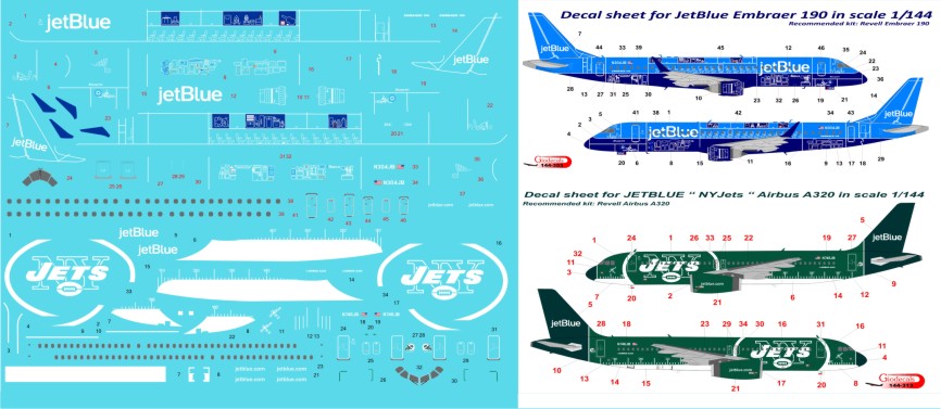 JetBlue collection in scale 1/144 for Airbus A320 & Embraer 190