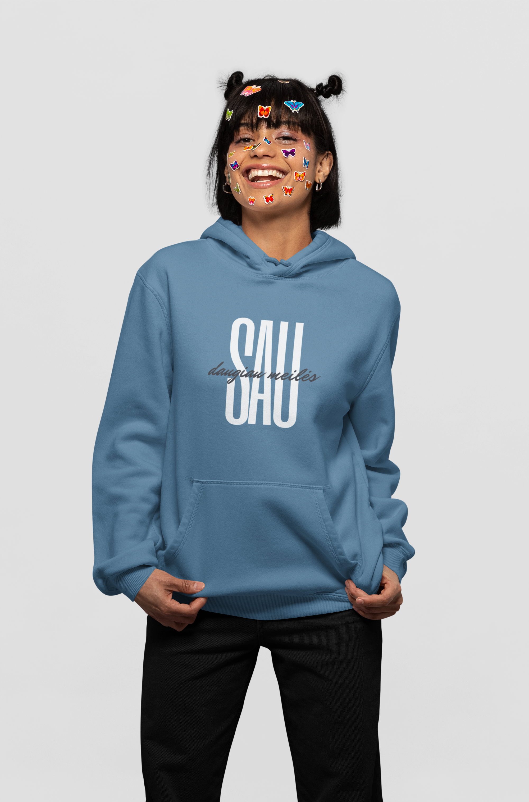 Mėlynas džemperis "Daugiau meilės sau" (su gobtuvu)