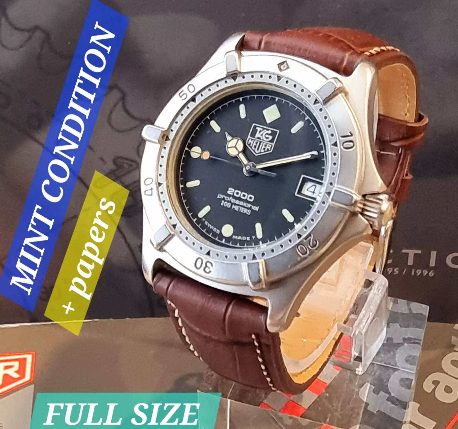 TAG Heuer 2000 Mens Full Size Early Model 2000 Logo On Dial MINT COND + Papers