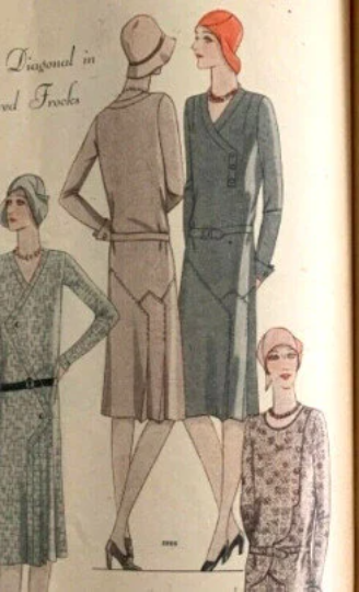 1920s Style Asymmetrical V Neck Band Drop Waist Dress with Side Ways Art Deco Hip Flounce Custom Made in Your Size From a Vintage Pattern 1929