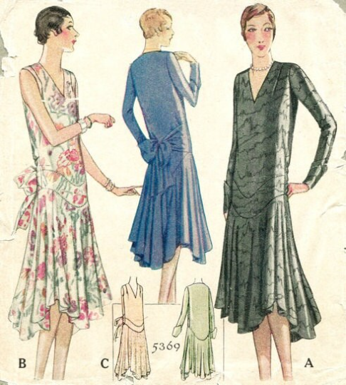 1920s Style V Neck Drop Waist Dress with Scalloped Full Circle Skirt Custom Made in Your Size From a Vintage Pattern 1928