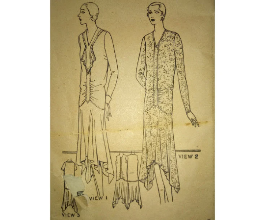 1920s Style Drop Waist Dress with V Neck Jabot and Full Skirt Handkerchief Hem Custom Made in Your Size From a Vintage Pattern 1929