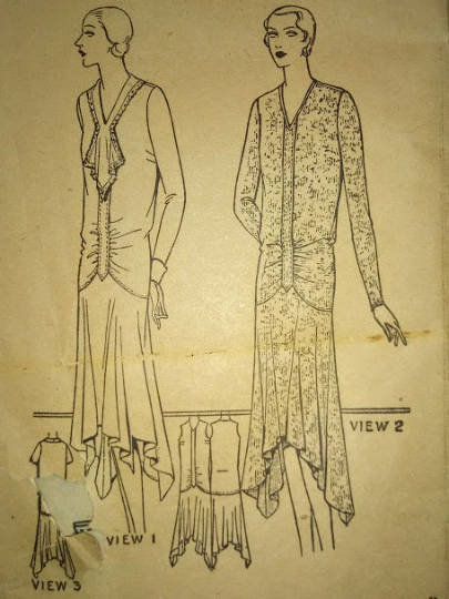 1920s Style Drop Waist Dress with V Neck Jabot and Full Skirt Handkerchief Hem Custom Made in Your Size From a Vintage Pattern 1929