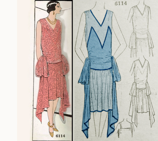 1920s Style Dramatic V Neck Drop Waist Evening Dress with Cascading Side Panels Custom Made in Your Size From a Vintage Pattern 1929