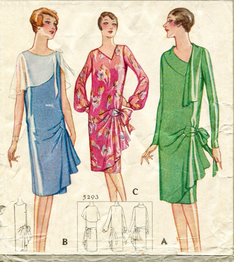 1920s Style Asymmetrical Shoulder Drape Drop Waist Dress with Side Skirt Flounce Custom Made in Your Size From a Vintage Pattern 1928