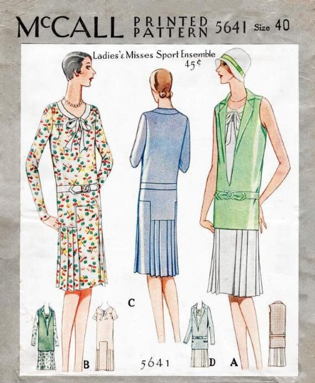 1920s Style Casual Day Dress with Bow Collar and Art Deco Skirt Custom Made in Your Size From a Vintage Pattern
