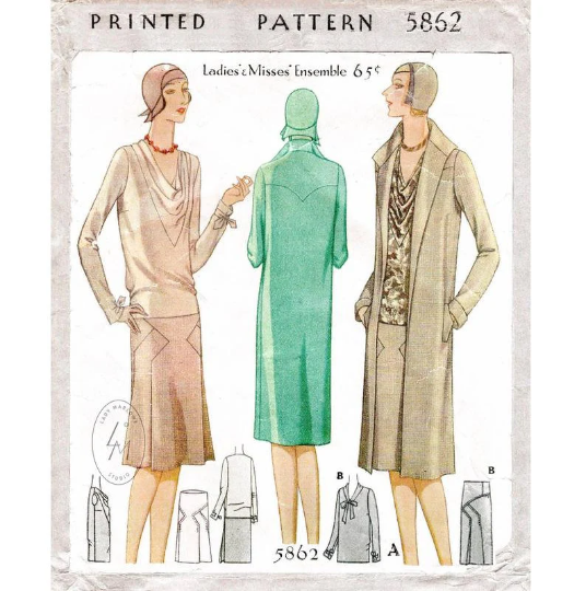 1920s Style Cowl Neck Blouse Art Deco Skirt and Jacket Custom Made in Your Size From a Vintage Pattern 1929