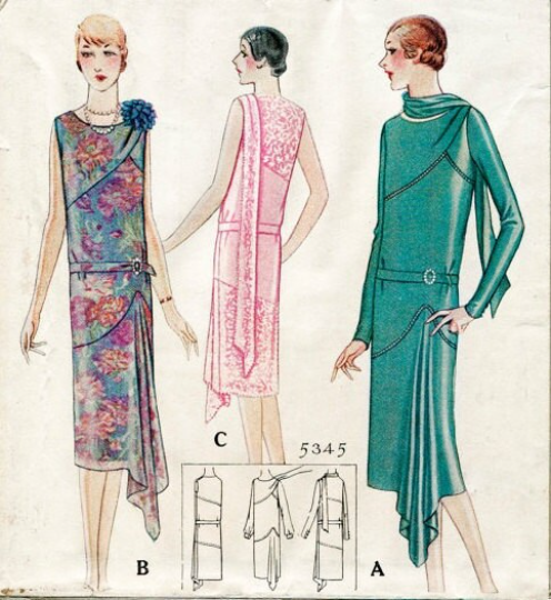 1920s Style Asymmetrical Shoulder Drape Drop Waist Dress with Side Skirt Flounce Custom Made in Your Size From a Vintage Pattern 1928
