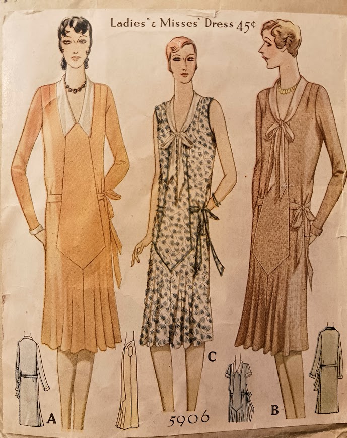1920s Style V Neck Tie Collar Dress with Front Flared Skirt Custom Made in Your Size From a Vintage Pattern 1929