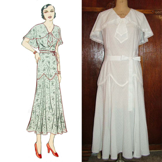 1930s Style Cape Collar Day Dress with Long Pointed Fluttery Skirt Custom Made in Your Size From a Vintage Pattern 1932