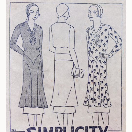 Early 1930s Style Day Dress Tunic with V Scarf Neck and Flared Skirt Custom Made in Your Size From a Vintage Pattern 1930