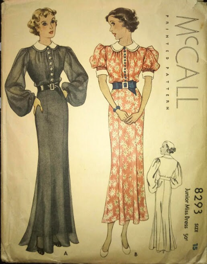 1930s Style Peter Pan Collar Button Up Dress with Full Bishop Sleeves and Mermaid Hem Custom Made in Your Size From a Vintage Pattern 1935