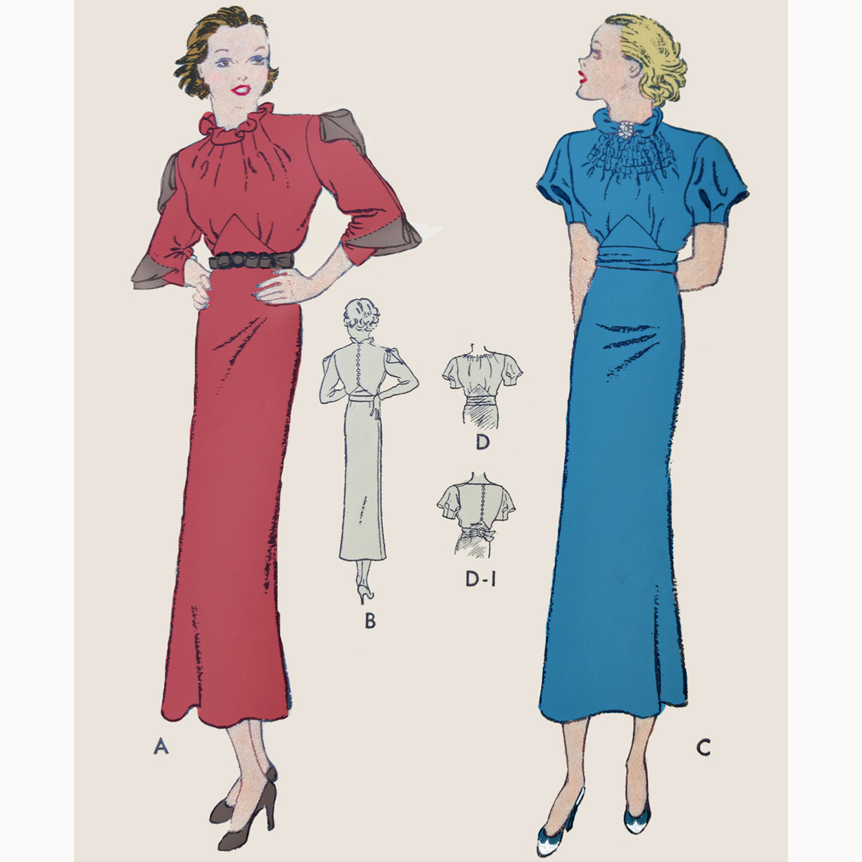 1930s Style Sci Fi Inset Pleated Sleeve Dress with Ruched Bust and Slim Skirt Custom Made in Your Size From a Vintage Pattern 1933
