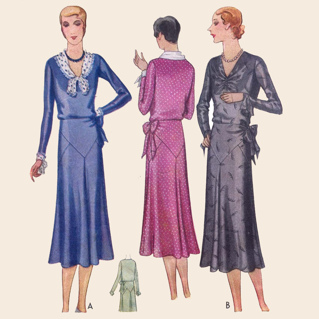 1930s Style Day Dress With Gathered Front and Art Deco Shaped Full Skirt Custom Made in Your Size From a Vintage Pattern 1930
