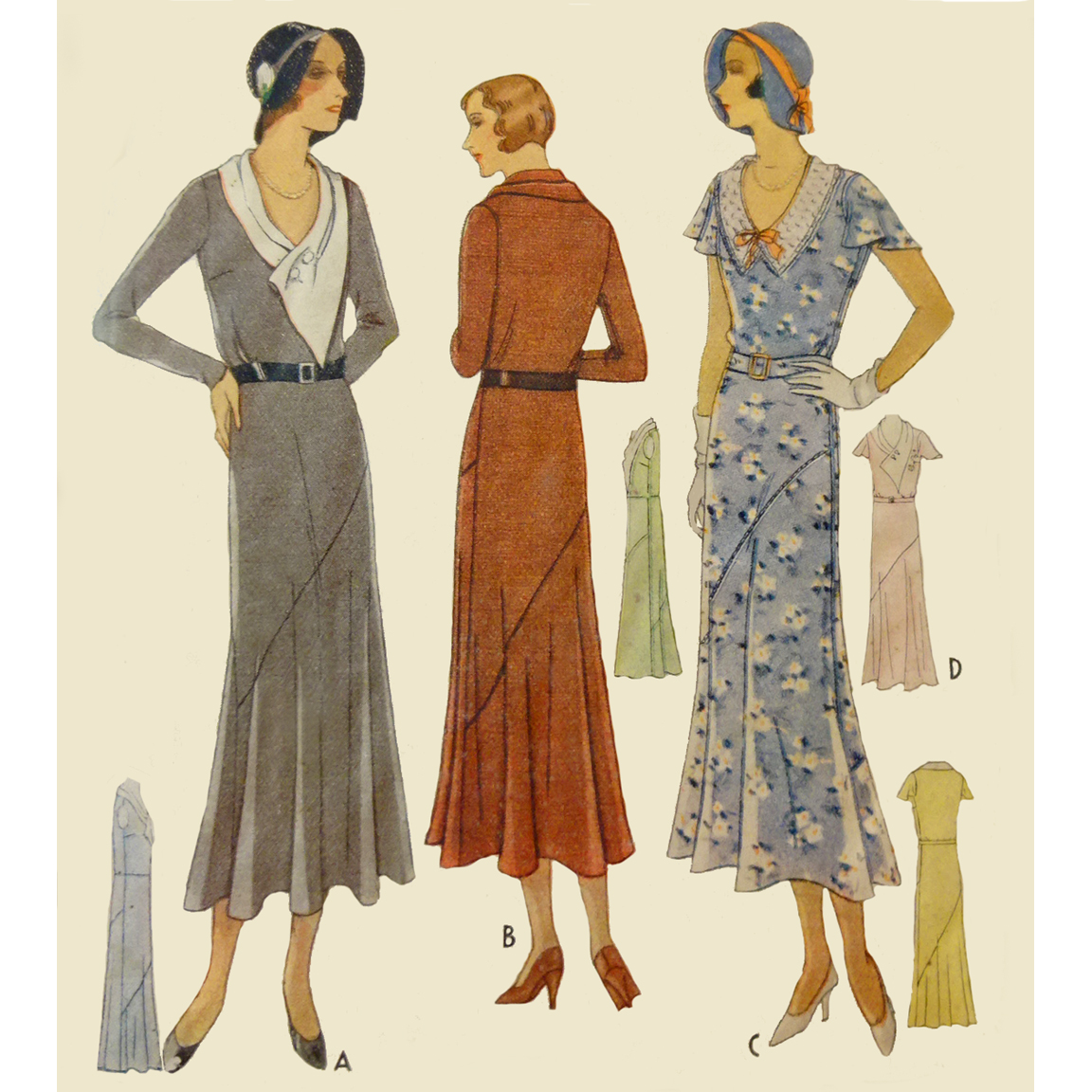 1930s Style V Neck Day Dress With Assymetrical Flair Skirt Custom Made in Your Size From a Vintage Pattern 1931