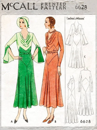 1930s Style Cowl Neck Dress with Bell Sleeves and Flared Skirt Custom Made in Your Size From a Vintage Pattern 1931