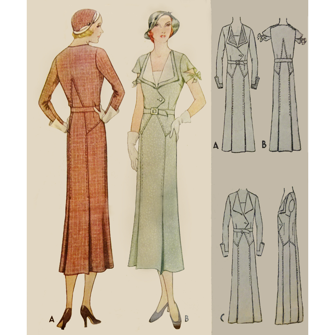 1930s Style Day Dress With Structered Art Deco Pointed Details Slim Skirt With Pleats Custom Made in Your Size From a Vintage Pattern 1932
