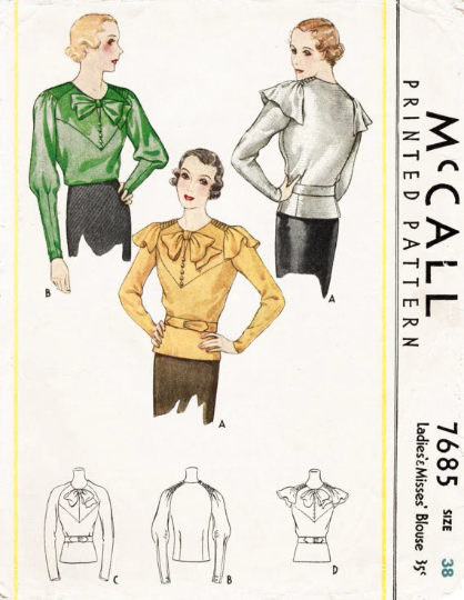 1930s Style Scoop Neck Button Inset Art Deco Blouse with Bow Custom Made in Your Size From a Vintage Pattern 1935