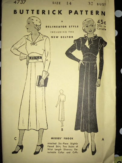 1930s Style Notched or Funnel Collar Dress with 6 Gore Slim Skirt Custom Made in Your Size From a Vintage Pattern 1932
