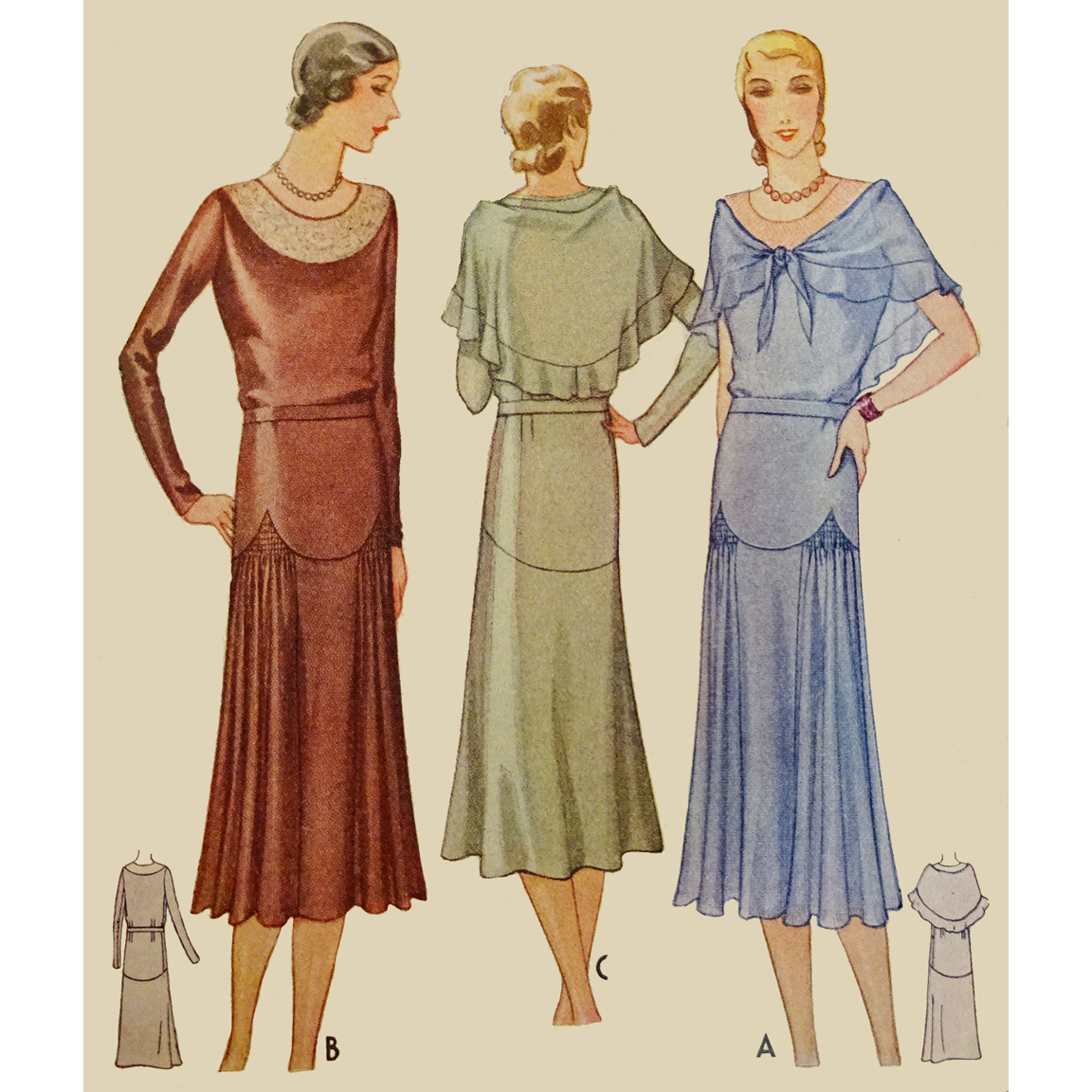 1930s Style Drop Waist Scalloped Hip Caplet Dress Custom Made in Your Size From a Vintage Pattern 1930