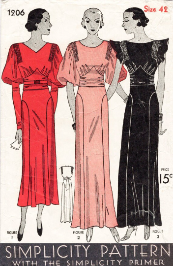 1930s Style Balloon Sleeve Dress with Art Deco Curved Seam Skirt Custom Made in Your Size From a Vintage Pattern 1933