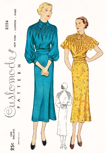 1930s Style Mega Shirred Yoke Bodice with Bishop Sleeves and Slim Skirt Custom Made in Your Size From a Vintage Pattern 1936