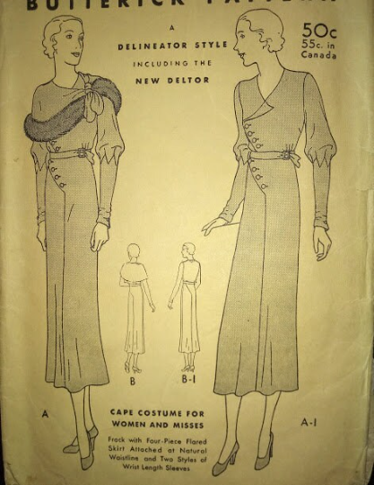 1930s Style Asymmetrical Surplice Dress with Faux Fur Cape and Slim Skirt Custom Made in Your Size From a Vintage Pattern 1932