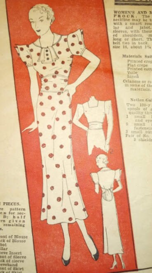 1930s Style Wacky Pointed Wing Sleeve Dress with Jabot and Slim Skirt Custom Made in Your Size From a Vintage Pattern 1933