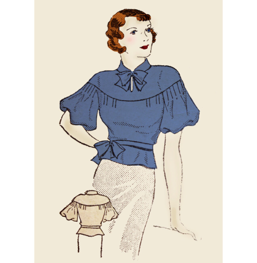 1930s Style Balloon Sleeve Drop Shoulder Blouse with Bow Collar Neck Custom Made in Your Size From a Vintage Pattern 1936