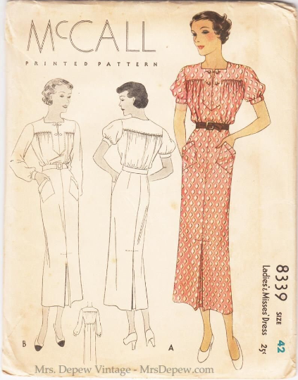 1930s Style square Neck Gathered Bust Dress with Puffed Sleeves and Slim Skirt Custom Made in Your Size From a Vintage Pattern 1935