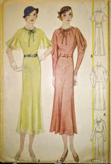 1930s Style Drop Waist Gathered Neck Cowl Sleeve Dress Custom Made in Your Size From a Vintage Pattern 1933