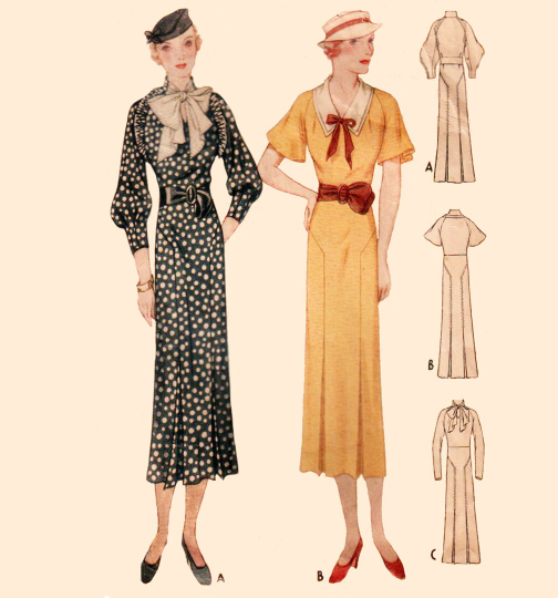 1930s Style Day Dress With Raglan Sleeves and Bow Tie Collar Custom Made in Your Size From a Vintage Pattern 1933