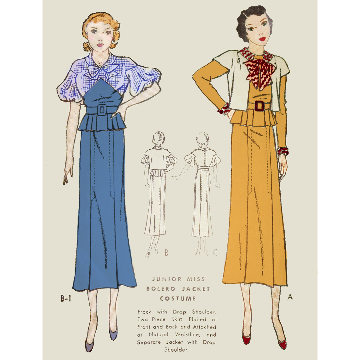 1930s Style Dropped Balloon Sleeve Bow and Peplum Dress with Slim Skirt Custom Made in Your Size From a Vintage Pattern 1934