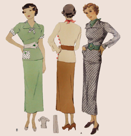 1930s Style 4pc Side Button Blouse Belt Scarf and Slim Skirt Set Custom Made in Your Size From a Vintage Pattern 1935