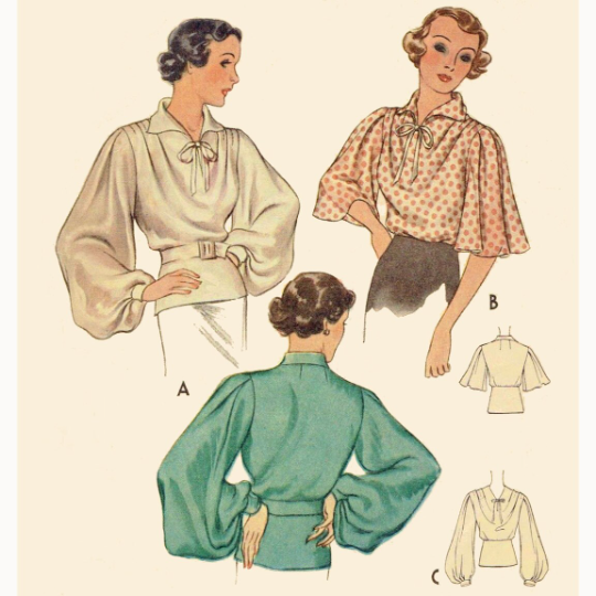 1930s Style Super Full Bishop Sleeve Blouse with Bow Collar Custom Made in Your Size From a Vintage Pattern 1936