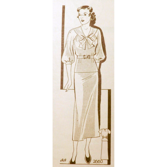 1930s Style 2pc Raglan V Neck Bow Blouse and Slim Skirt Set Custom Made in Your Size From a Vintage Pattern 1936