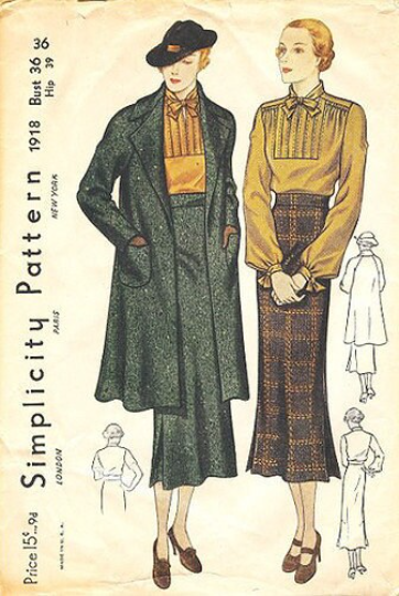 1930s Style Pin Tucked Bow Tie Blouse, Slim Skirt or Raglan Sleeve Coat Custom Made in Your Size From a Vintage Pattern 1936