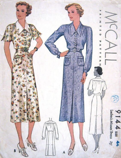 1930s Style Daggar Collar Shirt Dress with Slim Skirt Custom Made in Your Size From a Vintage Pattern 1937