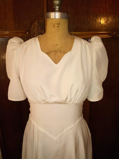 1930s Style Sweetheart Neck Puffed Sleeve Dress with Diamond Midriff Custom Made in Your Size From a Vintage Pattern 1939