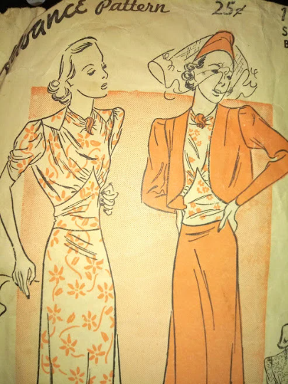 1930s Style 3pc Raised Cowl Neck Blouse with Pointed Midriff, Slim Skirt and Optional Bolero Custom Made in Your Size 1939