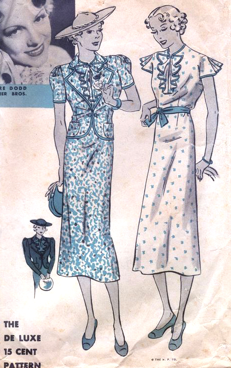 1930s Style Ruffled Jabot Collar Flutter Sleeve Slim Skirt Dress and Jacket Custom Made in Your Size From a Vintage Pattern 1936