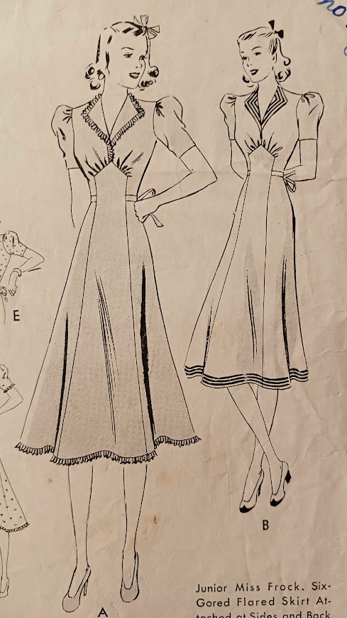 Late 1930s Style Revere Collar Puffed Sleeve Dress with Full Skirt Custom Made in Your Size From Vintage Pattern 1938
