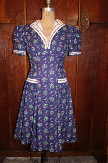 Late 1930s Style Revere Collar Puffed Sleeve Dress with Full Skirt Custom Made in Your Size From Vintage Pattern 1938