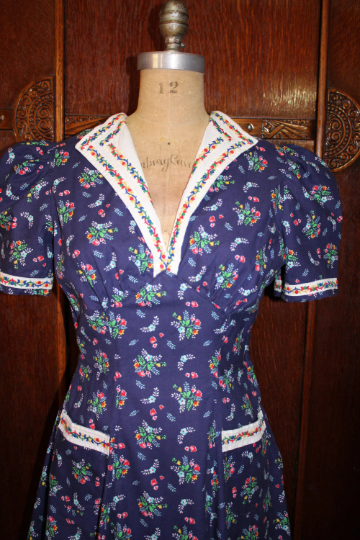 Late 1930s Style Revere Collar Puffed Sleeve Dress with Full Skirt Custom Made in Your Size From Vintage Pattern 1938