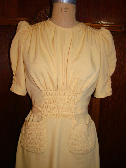 1940s Style Gathered Bust Shirred Dress With Puff Sleeves Pockets Full Skirt Custom Made in Your Size From a Vintage Pattern 1940